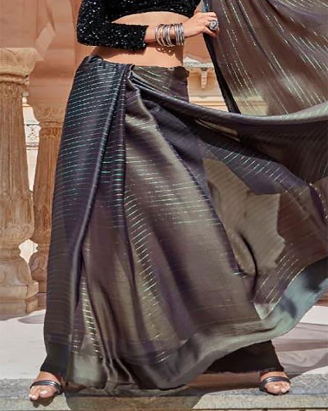 Rainbow Chiffon Satin Patta black Saree With Designer Blouse