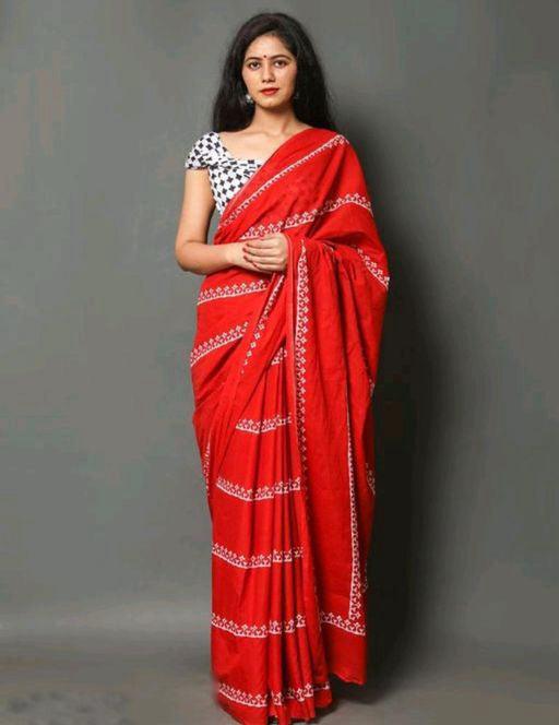 Red Printed Pure Linen Saree, Party Wear - Ibis Fab