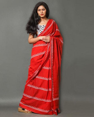 Red Printed Pure Linen Saree, Party Wear - Ibis Fab
