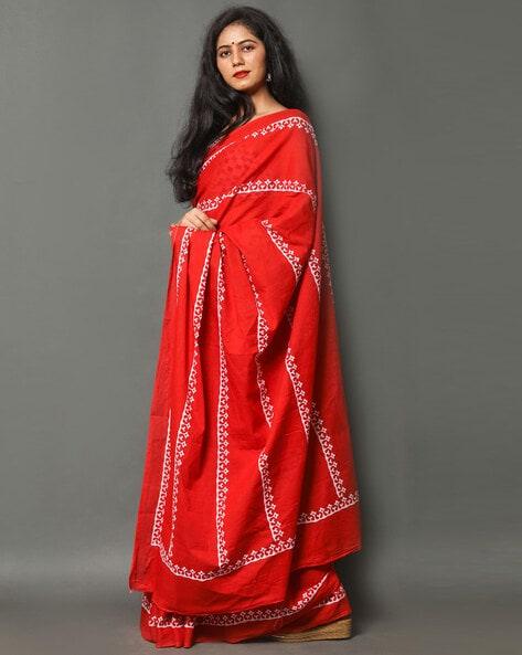 Red Printed Pure Linen Saree, Party Wear