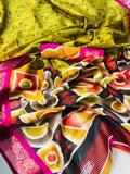 Refreshing Parrot Green Colored Pink Border PartyWear Pure Linen Saree