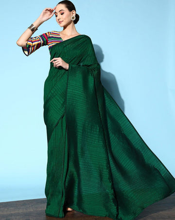 Sacramento Green Plain Half Pleated Jacquard Booti Japan Satin Saree