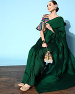 Sacramento Green Plain Half Pleated Jacquard Booti Japan Satin Saree - Ibis Fab