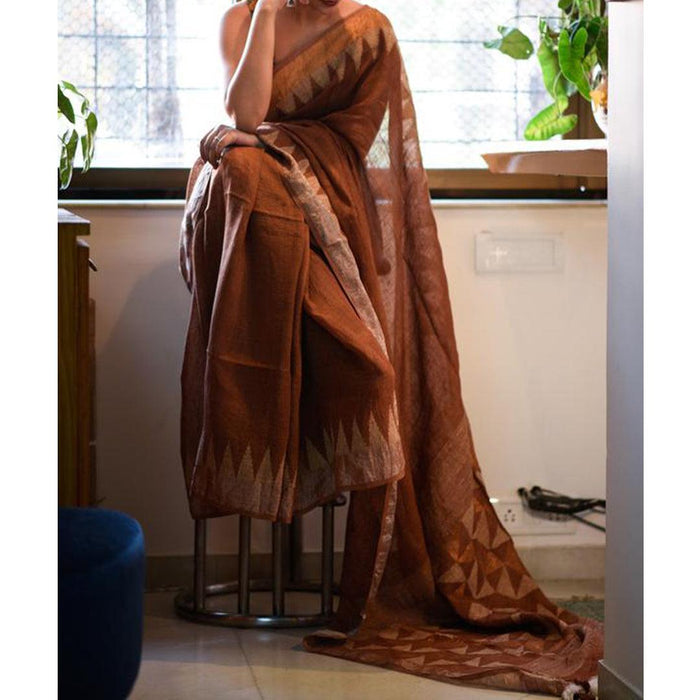Sensational Copper Colored Festive Wear Pure Linen Designer Saree