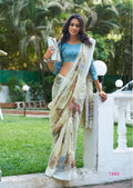 Sensational  Sky Blue And White Colored  Festive Wear Printed  Pure Linen Saree