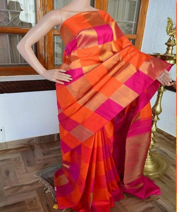 soft silk adorning orange and pink colour woven saree, festive wear