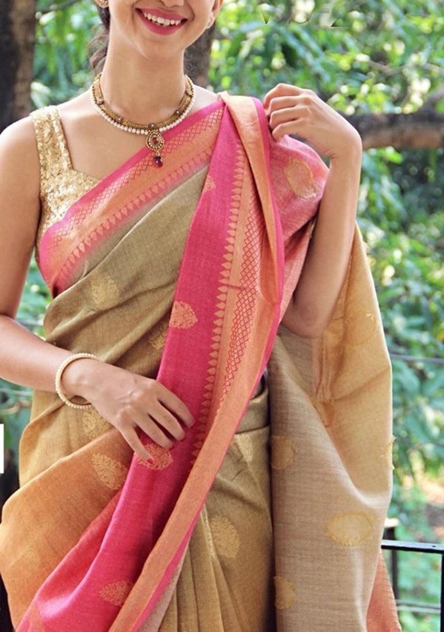 soft silk marvellous beige woven saree, wedding wear - Ibis Fab