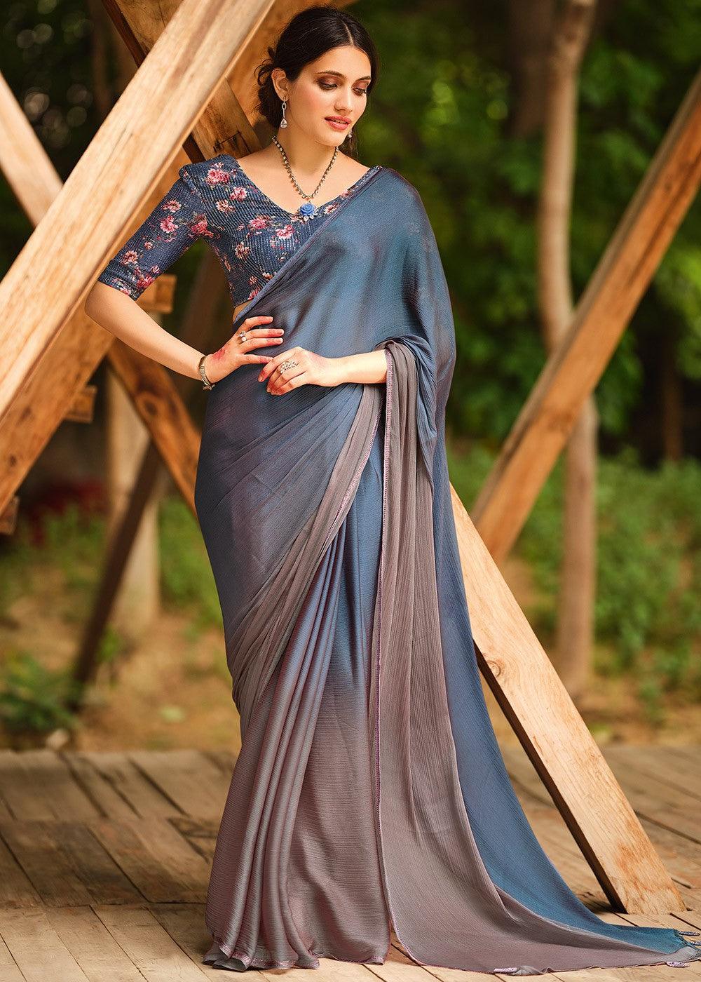 Soft Silk Starring Navy Grey Saree, Shining Festive Wear - Ibis Fab