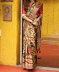 Stunning Beige colored Designer Printed Pure Linen Designer Saree