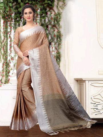 Stunning Beige Pure Linen Designer Saree