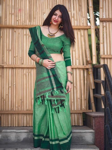 Stunning Mint  Pure Linen Designer Saree