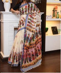 Stunning Multi colored Designer Printed Pure Linen Designer Saree