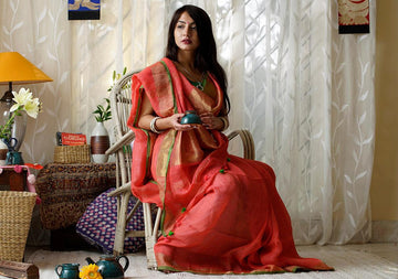 Stylish Red Premium Linen Designer Saree