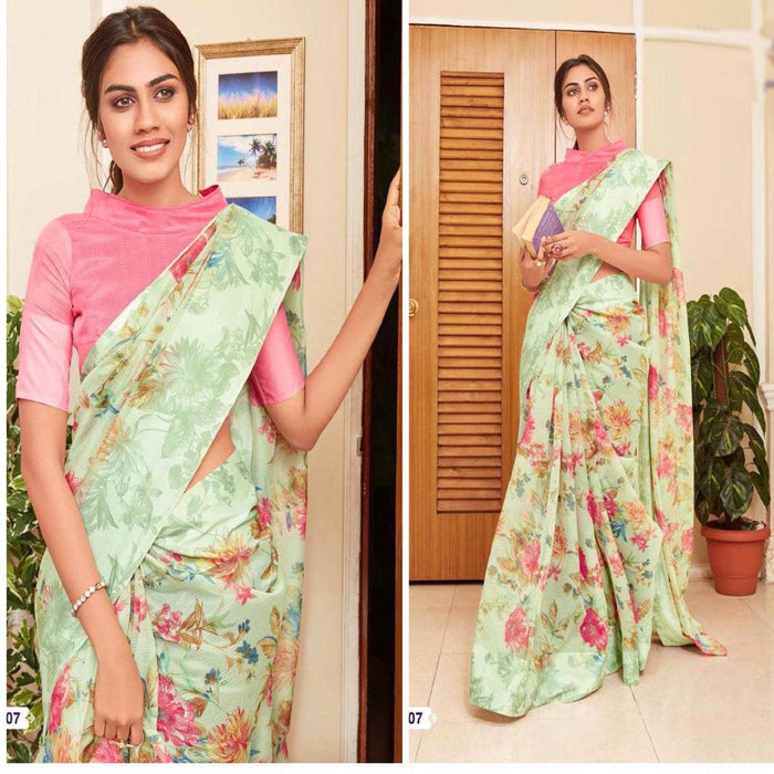 Trendy  Mint And Pink  Colour Printed  Pure Linen Saree For Women
