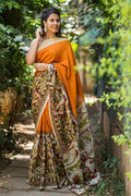 Trendy Orange Linen Designer Printed Saree