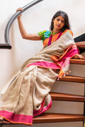 Turquoise  beige And Pink Colored  Festive Wear Printed  Pure Linen Saree