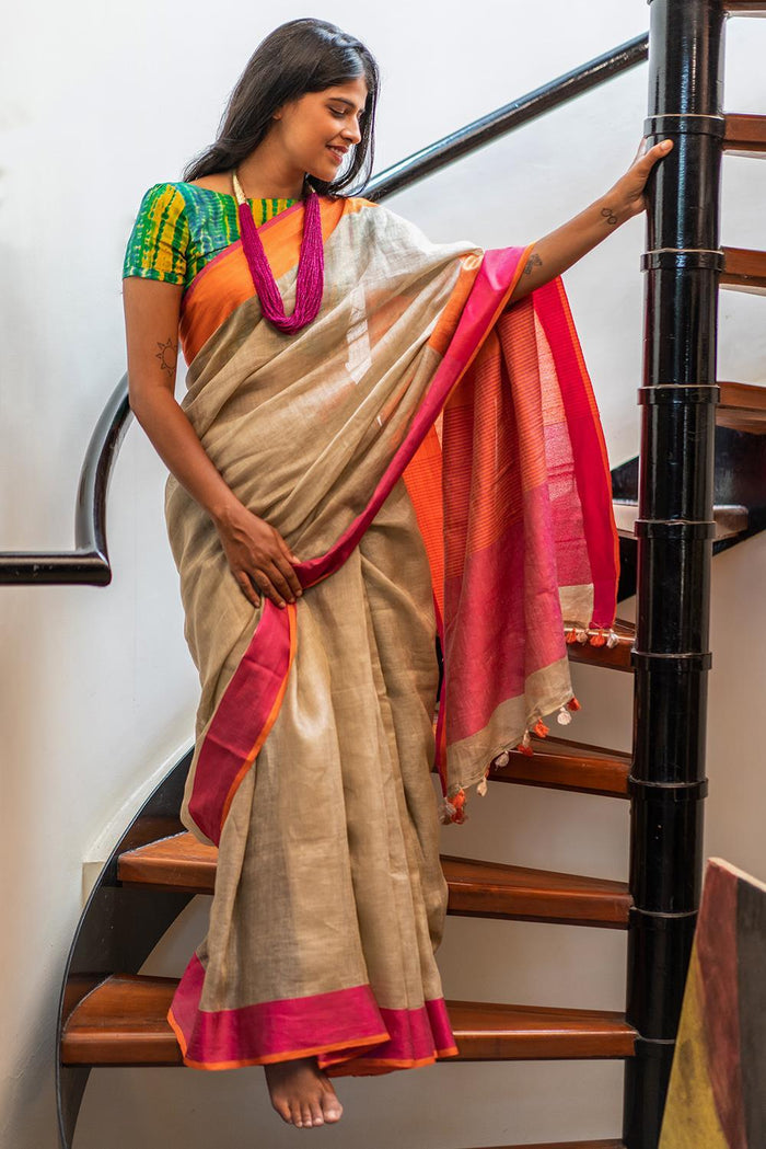 Turquoise  beige And Pink Colored  Festive Wear Printed  Pure Linen Saree