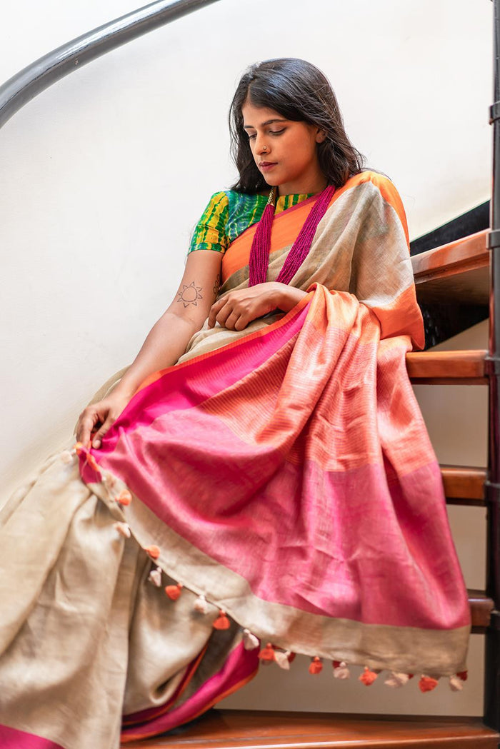 Turquoise  beige And Pink Colored  Festive Wear Printed  Pure Linen Saree