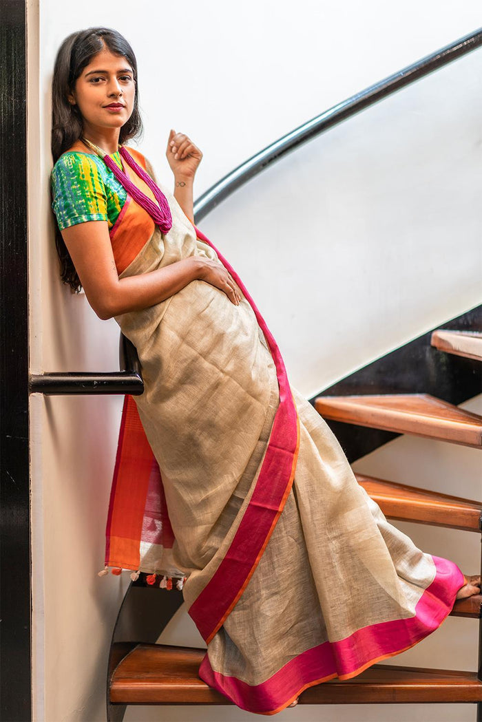 Turquoise  beige And Pink Colored  Festive Wear Printed  Pure Linen Saree