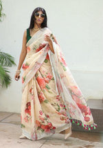 Turquoise Cream And Green Colored Festive Wear Printed Pure Linen Saree - Ibis Fab