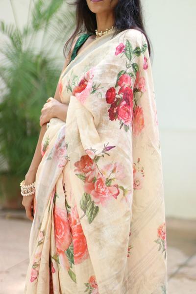 Turquoise Cream And Green Colored  Festive Wear Printed  Pure Linen Saree