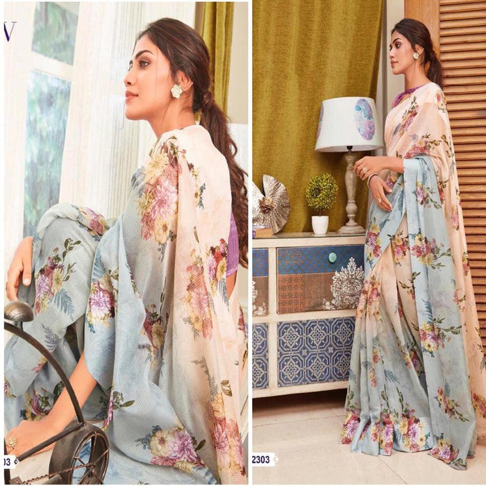 Turquoise Rose Gold And Grey  Colour Printed  Pure Linen Saree For Women