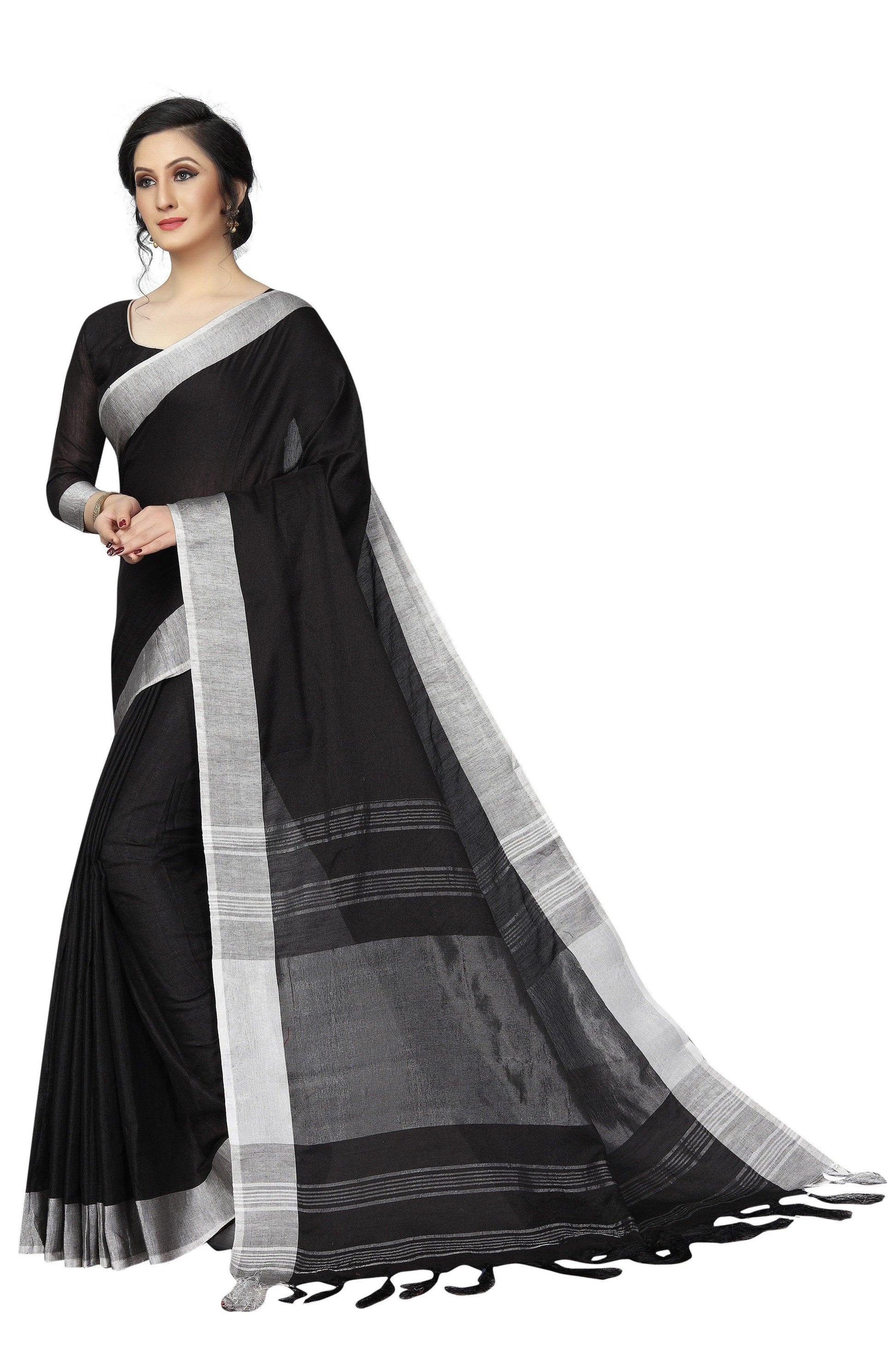 Unique Black with Grey border Pure Linen Designer Saree - Ibis Fab