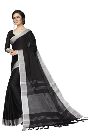 Unique  Black with Grey border  Pure Linen Designer Saree