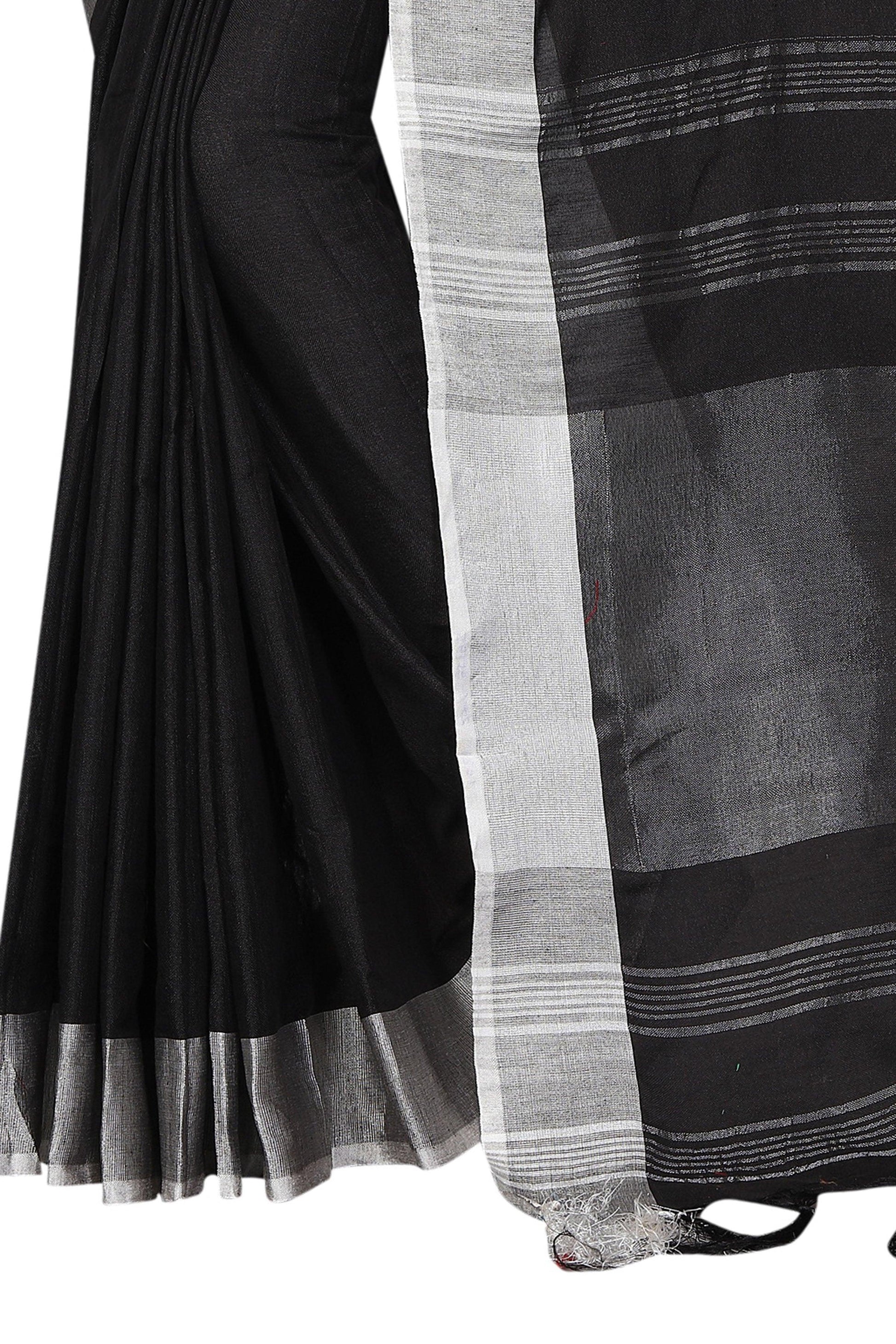 Unique Black with Grey border Pure Linen Designer Saree - Ibis Fab