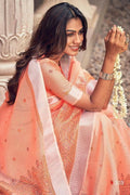 Unique Coral Colored Festive Wear Pure Linen Designer Saree