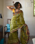 Unique Green Colored Printed  Pure Linen Saree