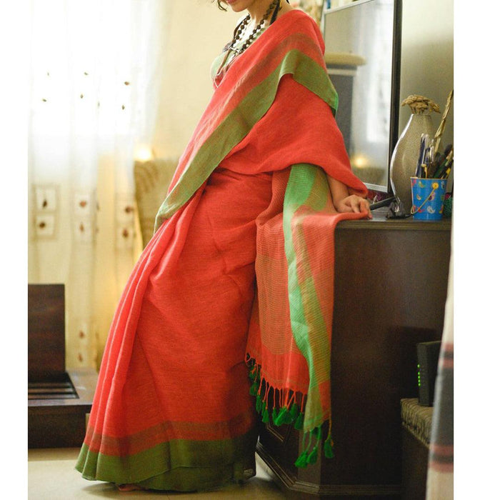 Unique Orange Colored Festive Wear Pure Linen Designer Saree
