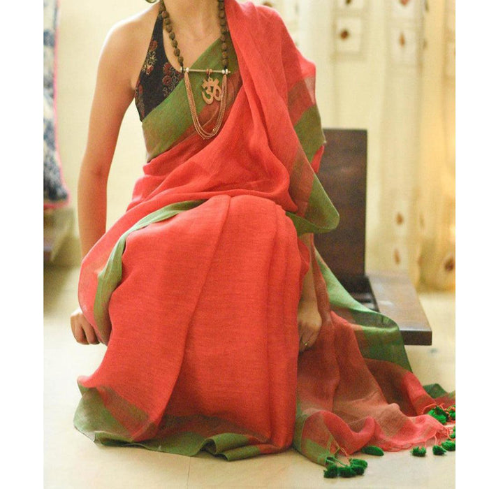 Unique Orange Colored Festive Wear Pure Linen Designer Saree