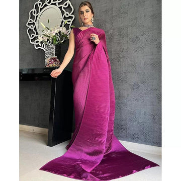 Violet Plain Half Pleated Japan Satin Saree