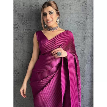 Violet Plain Half Pleated Japan Satin Saree