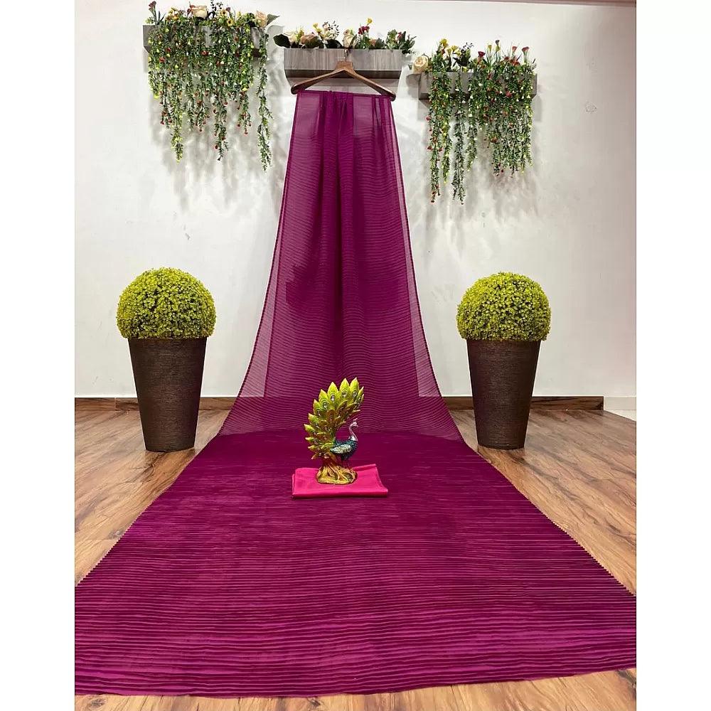 Violet Plain Half Pleated Japan Satin Saree - Ibis Fab