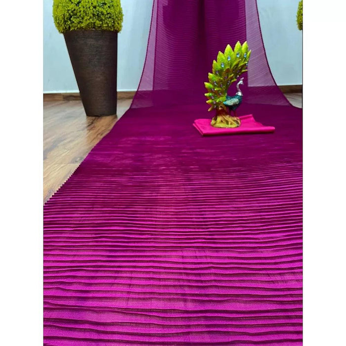 Violet Plain Half Pleated Japan Satin Saree
