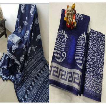 Women's Perfect Digital Printed Night Blue Linen Saree