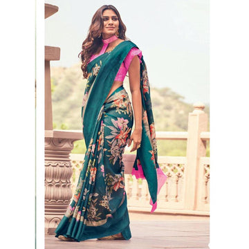 Wonderful Night Blue And Pink Colour Printed  Pure Linen Saree For Women