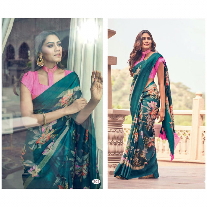 Wonderful Night Blue And Pink Colour Printed  Pure Linen Saree For Women