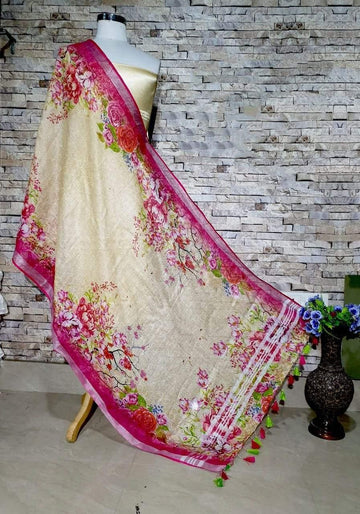 Yellow Base with Dark Pink Floral Design Dupatta