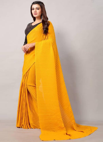 Yellow Plain Half Pleated Japan Satin Saree