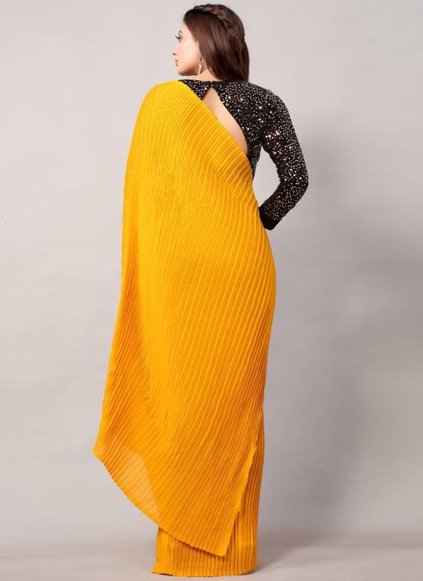 Yellow Plain Half Pleated Japan Satin Saree - Ibis Fab