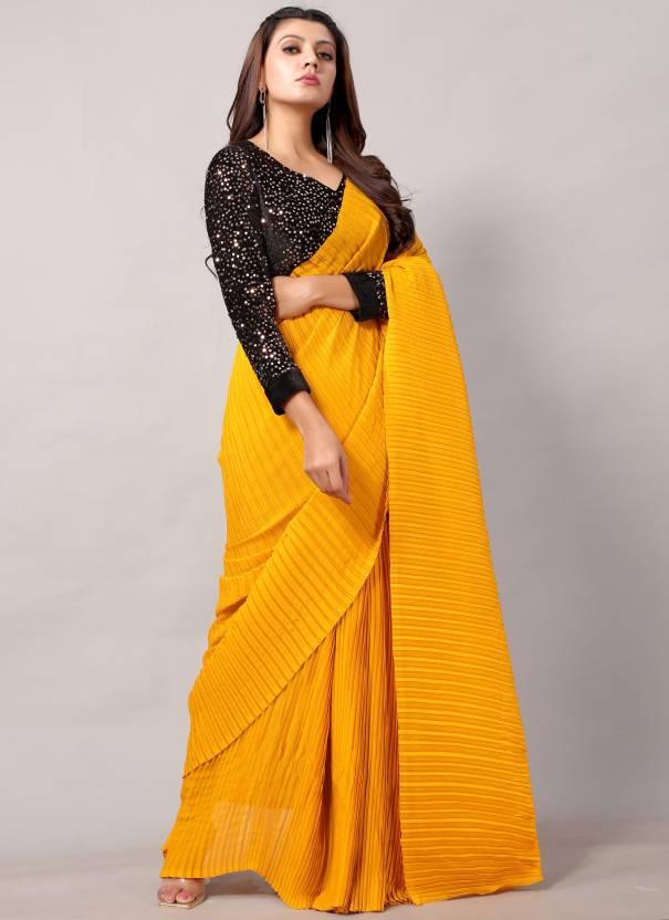 Yellow Plain Half Pleated Japan Satin Saree - Ibis Fab